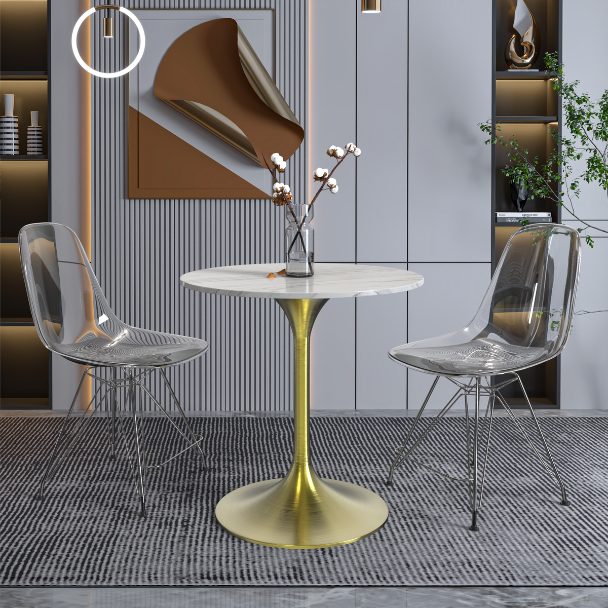 Verve Round Dining Table with MDF/Sintered Stone/Resin Tabletop in Gold Stainless Steel Pedestal Base Sintered Stone 27 Inch White Dining Table Leisuremod