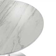 Verve Round Dining Table with MDF/Sintered Stone/Resin Tabletop in White Stainless Steel Pedestal Base Sintered Stone 27 Inch White Dining Table Leisuremod