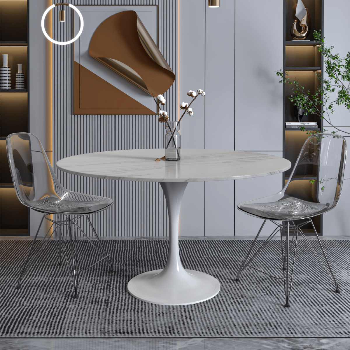 Verve Round Dining Table with MDF/Sintered Stone/Resin Tabletop in White Stainless Steel Pedestal Base Sintered Stone 48 Inch White Dining Table Leisuremod