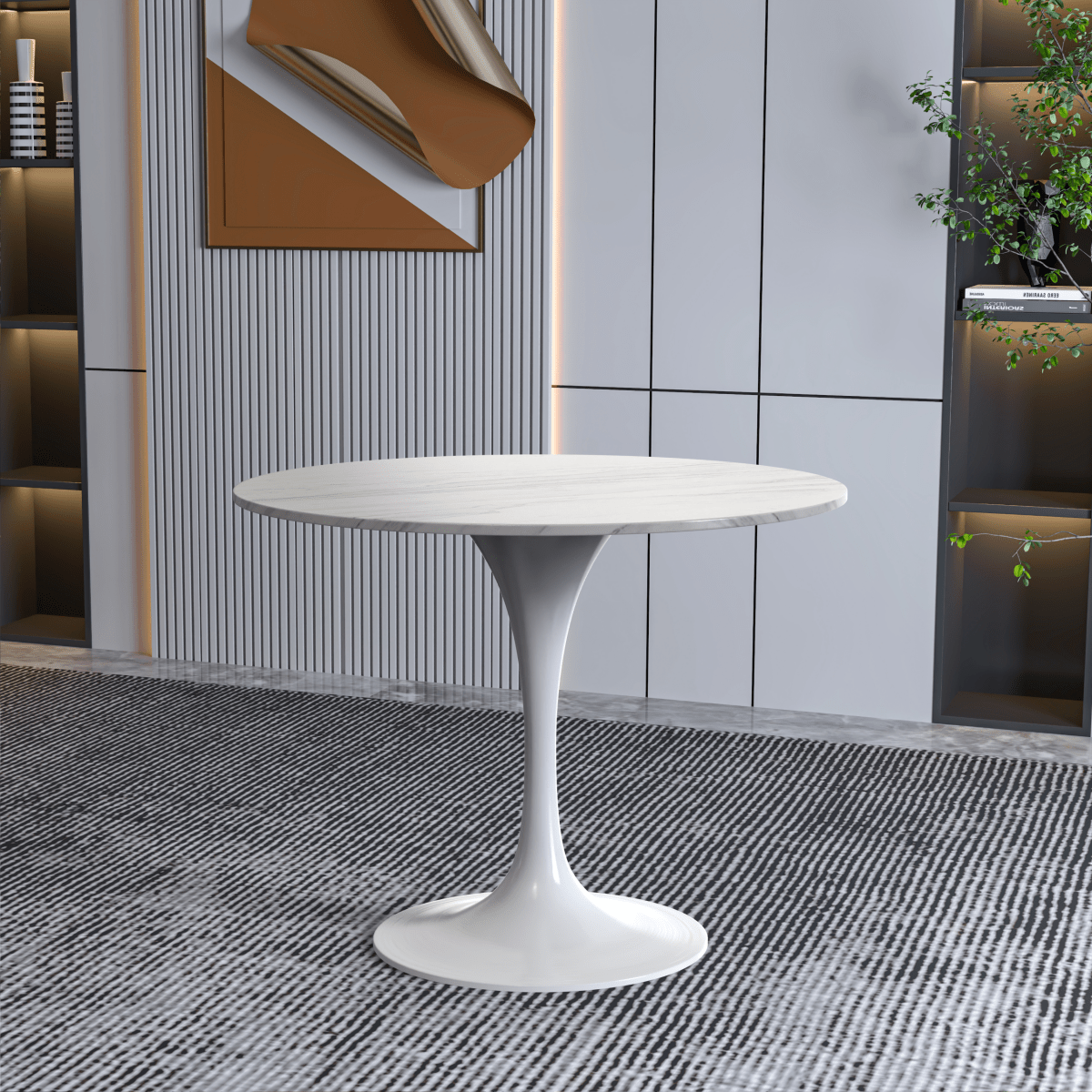 Verve Round Dining Table with MDF/Sintered Stone/Resin Tabletop in White Stainless Steel Pedestal Base Sintered Stone 36 Inch White Dining Table Leisuremod