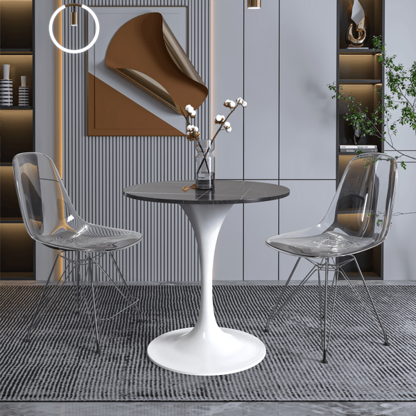Verve Round Dining Table with MDF/Sintered Stone/Resin Tabletop in White Stainless Steel Pedestal Base