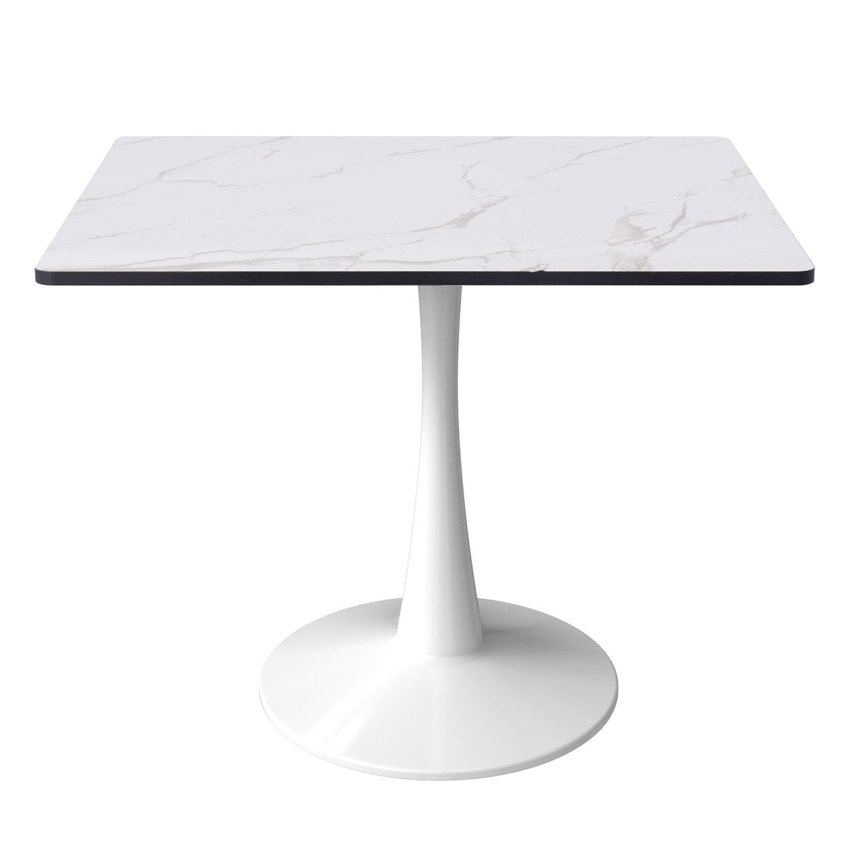 Bristol Square Dining Table with Marble White MDF Top and Steel Pedestal Base 35" Wide White Dining Table LeisureMod