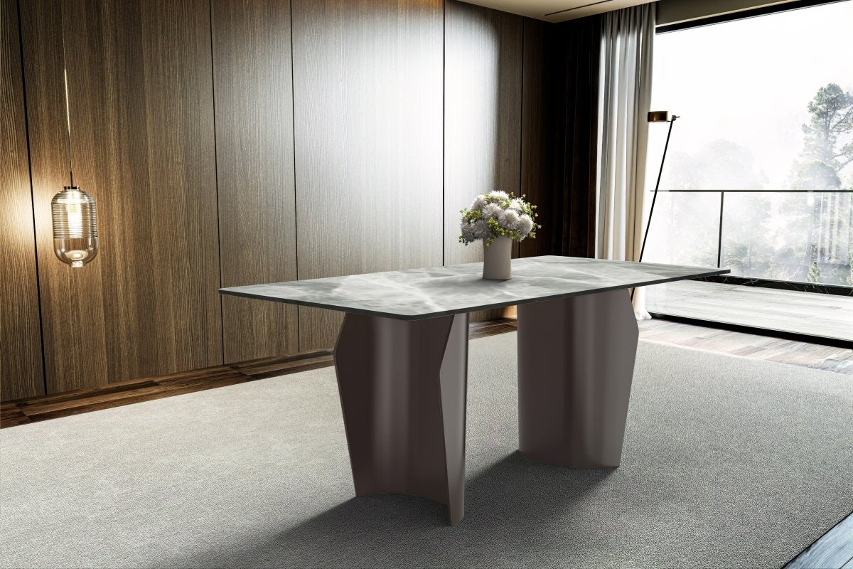Zelan Dining Table with Rectangular Glass/Sintered Stone Tabletop and Steel Legs Sintered Stone 62 Inches Wide Deep Grey Dining Table Leisuremod