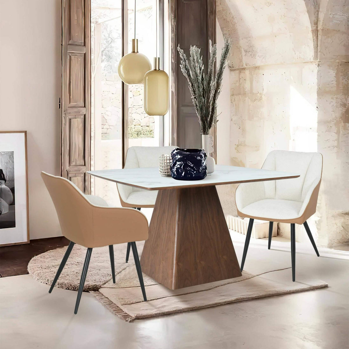 Zephyr 47" Square Dining Table with Sintered Stone/Ash Wood Tabletop and Iron Base Sintered Stone Top - White Dining Table Leisuremod