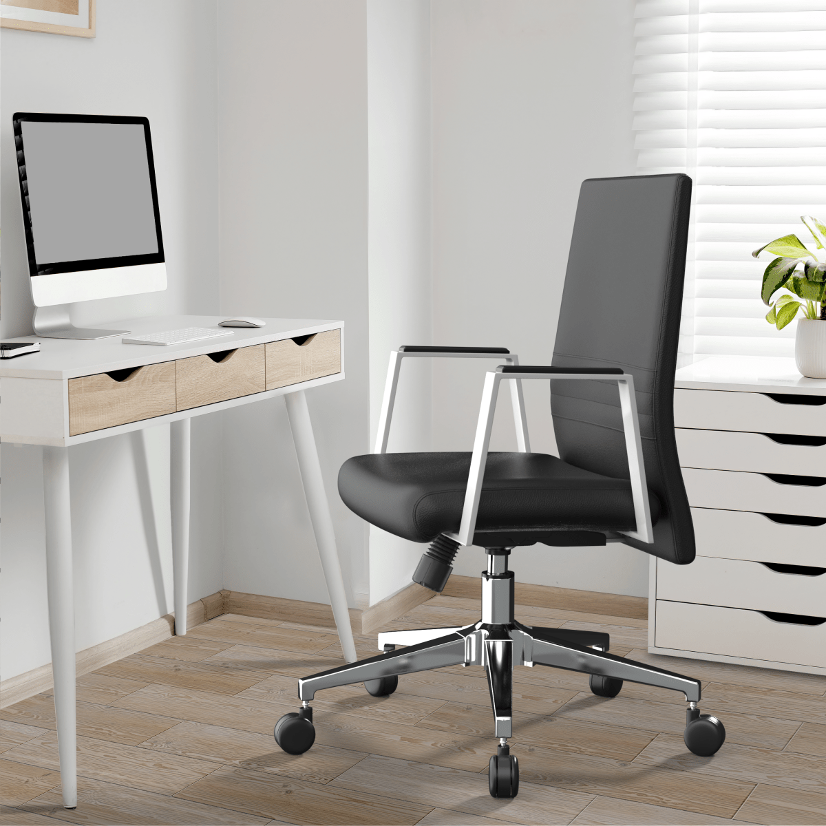 Aleen Leather Office Chair with Adjustable Height, Tilt and 360 Degree Swivel Black Office Chair Leisuremod