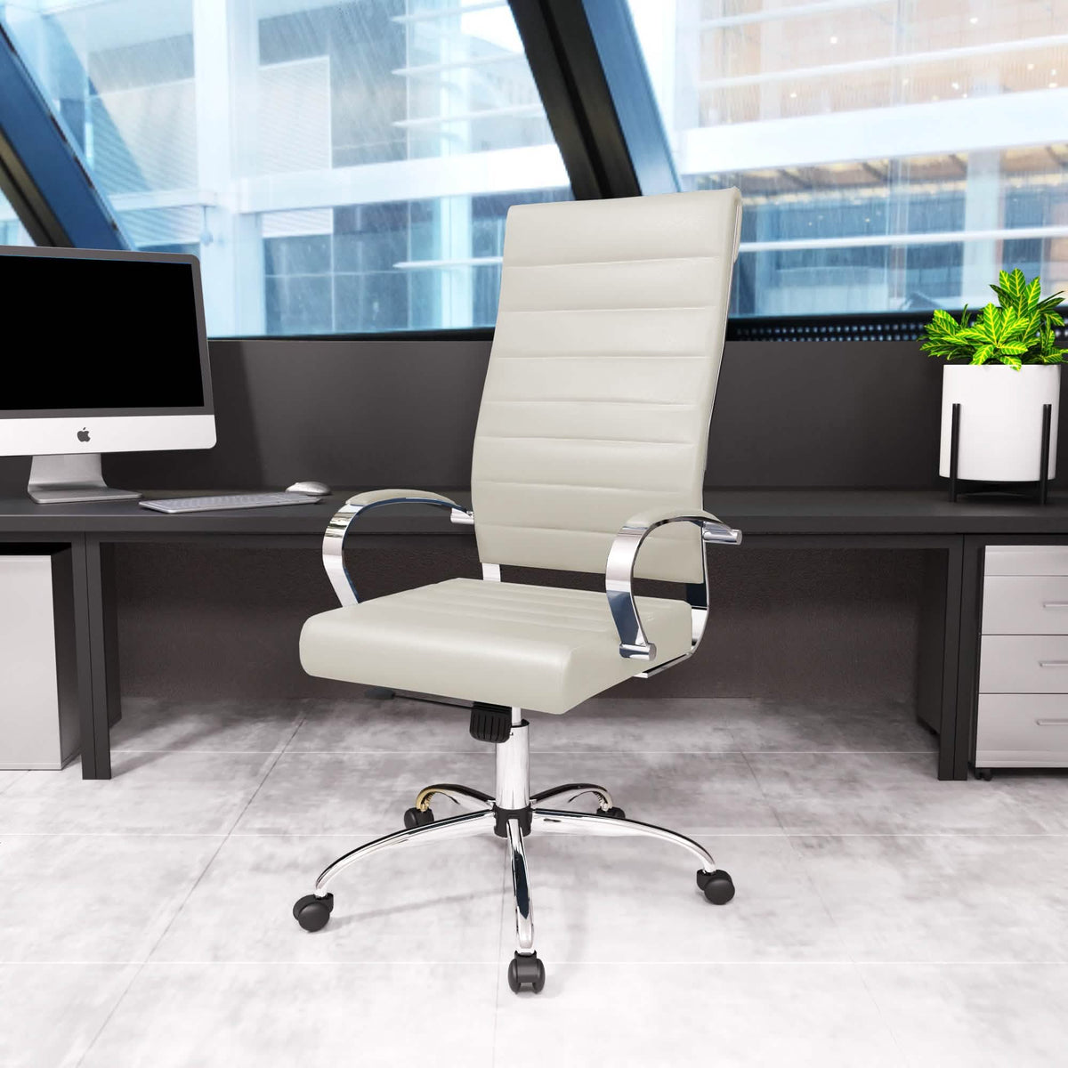 Benmar High-Back Leather Adjustable Office Conference Chair Chrome Tan Office Chair Leisuremod