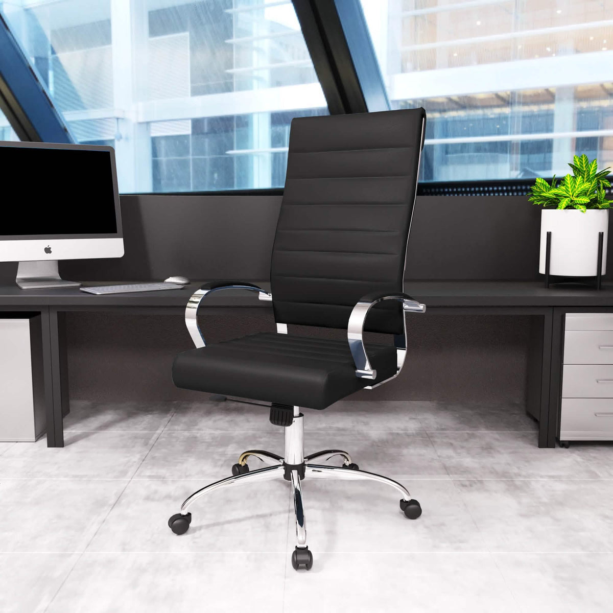 Benmar High-Back Leather Adjustable Office Conference Chair Chrome Black Office Chair Leisuremod