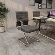 Benmar Mid-Back Office Conference Chair Upholstered in Leather with Stainless Steel Sled Base Charcoal Office Chair Leisuremod