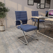 Benmar Mid-Back Office Conference Chair Upholstered in Leather with Stainless Steel Sled Base Navy Blue Office Chair Leisuremod