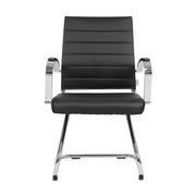 Benmar Mid-Back Office Conference Chair Upholstered in Leather with Stainless Steel Sled Base Black Office Chair Leisuremod