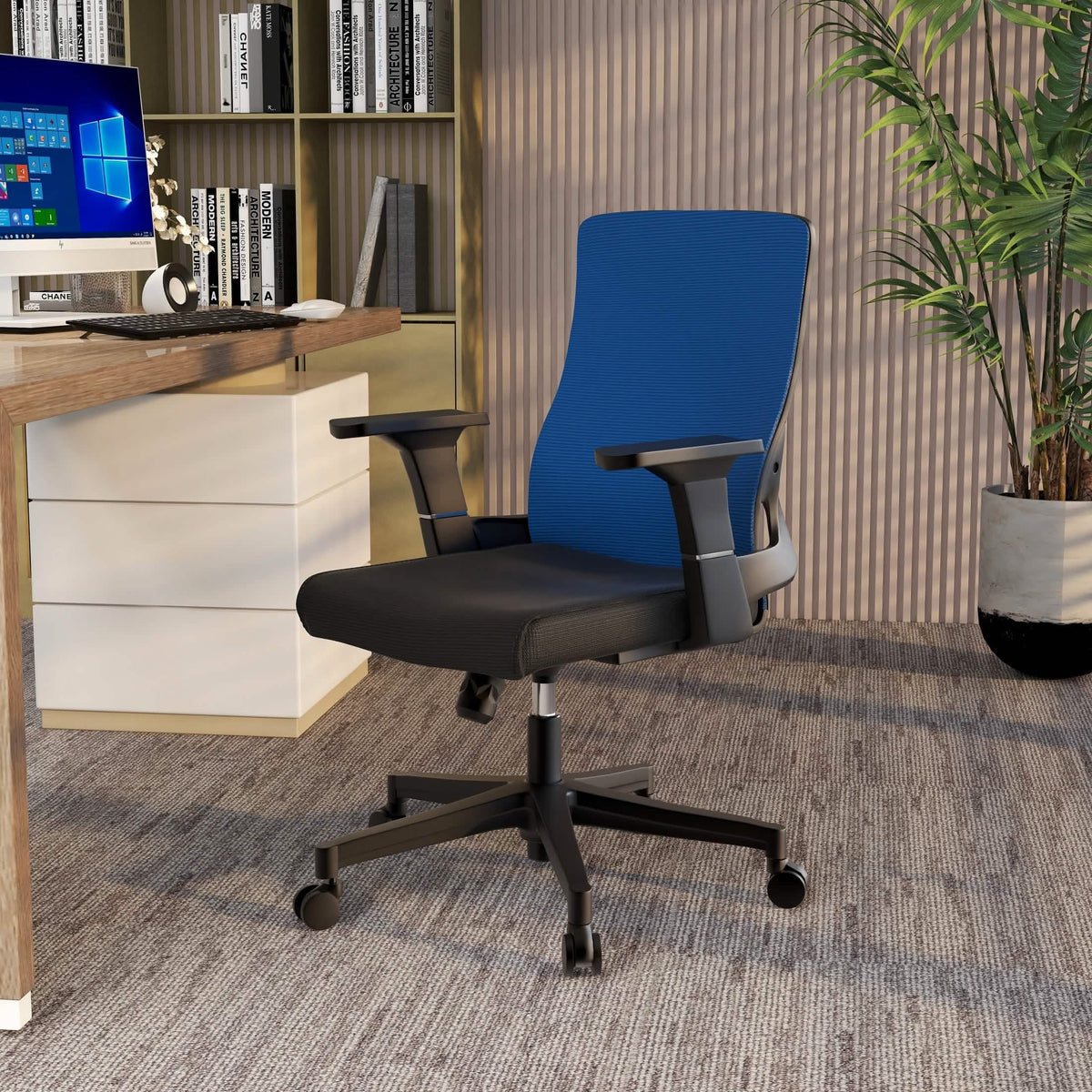 Brio Mid-Back Adjustable Office Chair Upholstered in Cotton Blue Office Chair Leisuremod