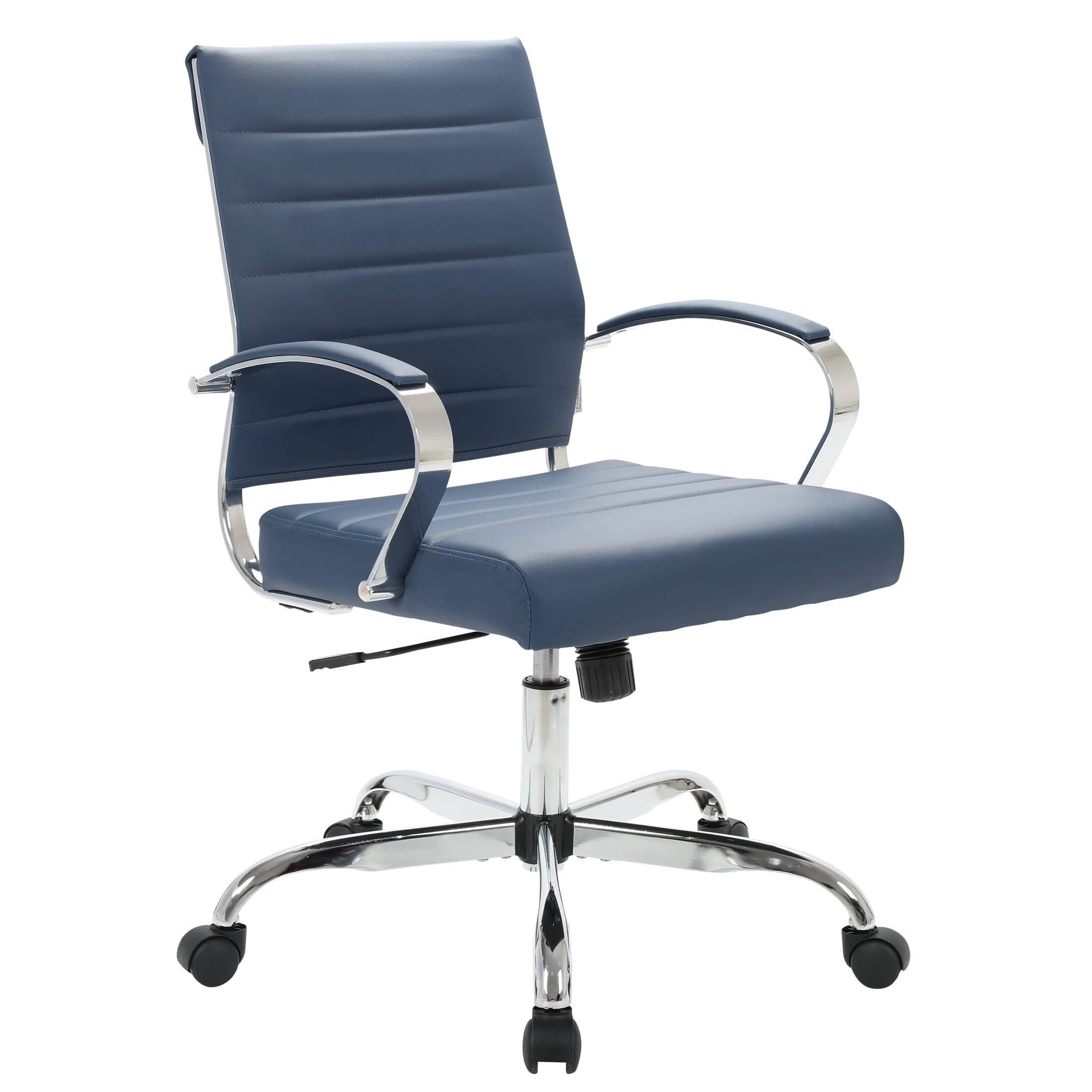 Benmar Mid-Back Leather Office Conference Chair Adjustable Height, Swivel, and Tilt Chrome Navy Blue Office Chair Leisuremod