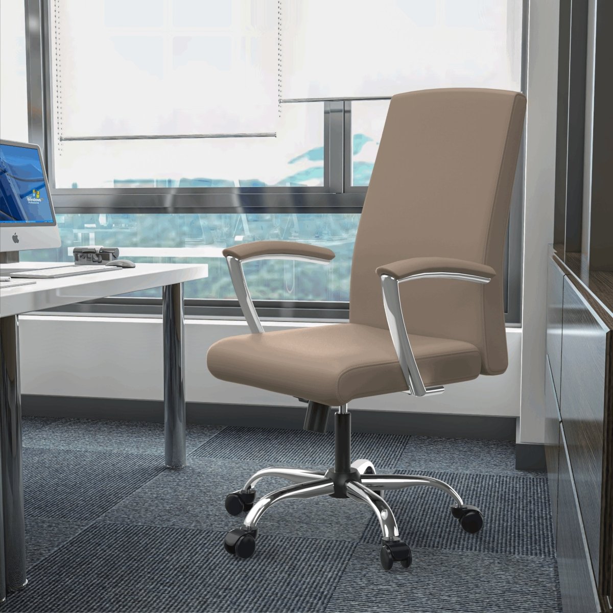 Evander Modern Swivel Office Chair in Leather with Adjustable Height and Silver Frame Taupe Office Chair Leisuremod