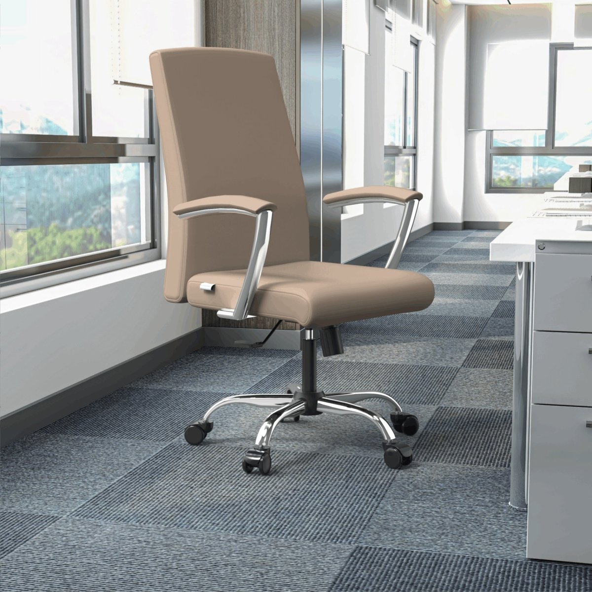 Evander Modern Swivel Office Chair in Leather with Adjustable Height and Silver Frame Taupe Office Chair Leisuremod