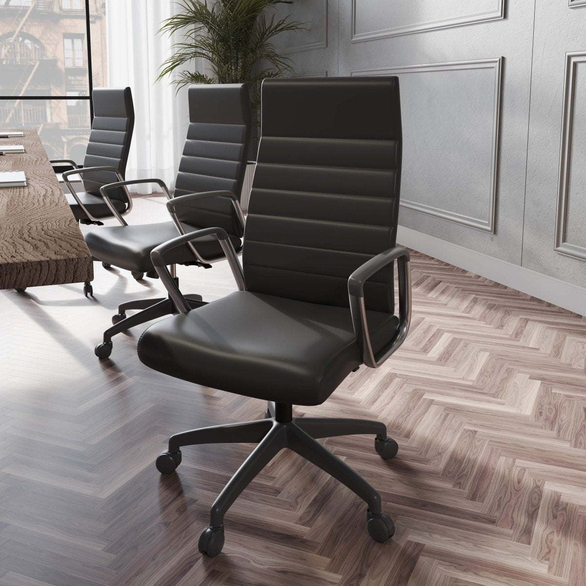 Hilton High-Back Leather Office Chair Adjustable Seat Height in Nylon Black Office Chair Leisuremod
