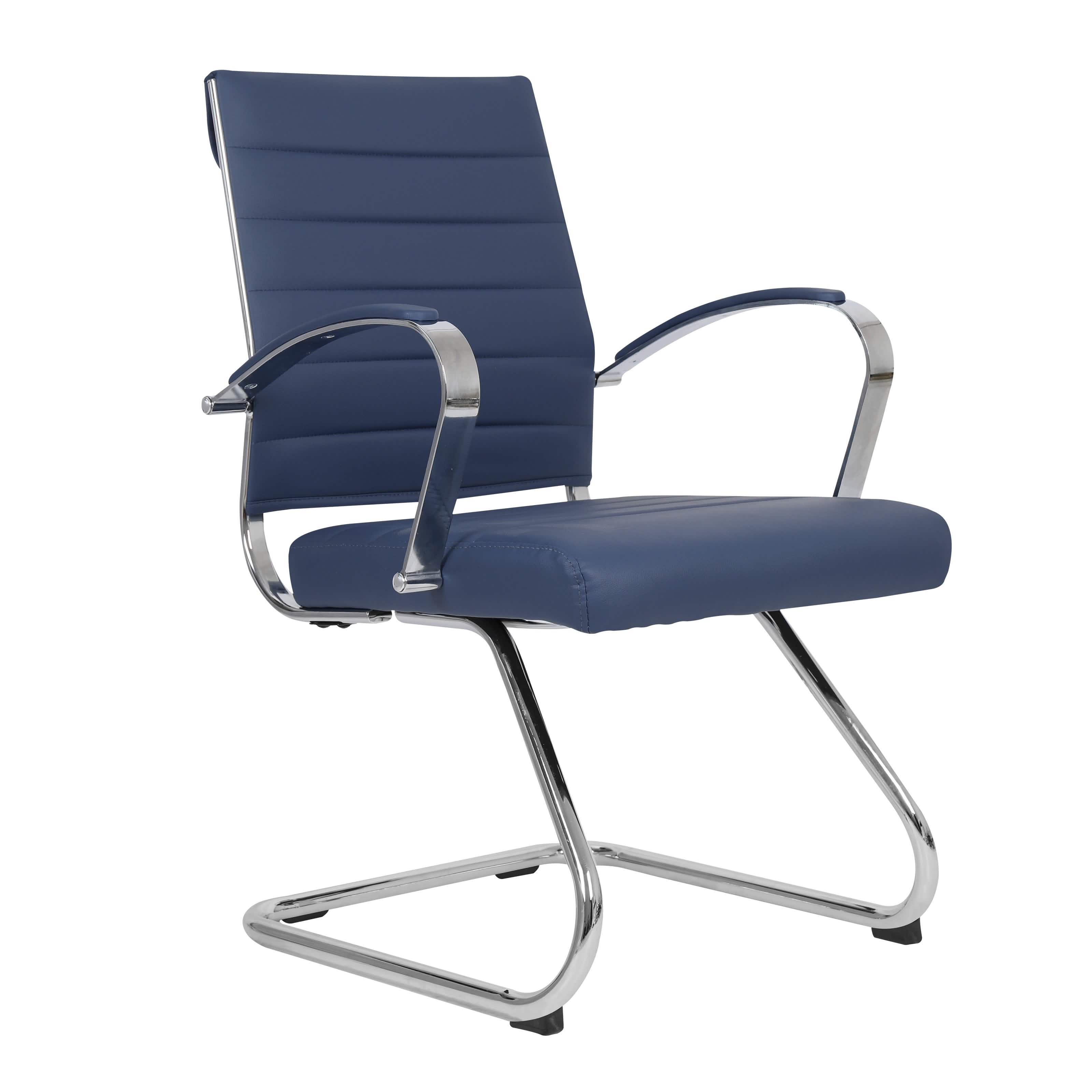 Benmar Mid-Back Office Conference Chair Upholstered in Leather with Stainless Steel Sled Base Navy Blue Office Chair Leisuremod