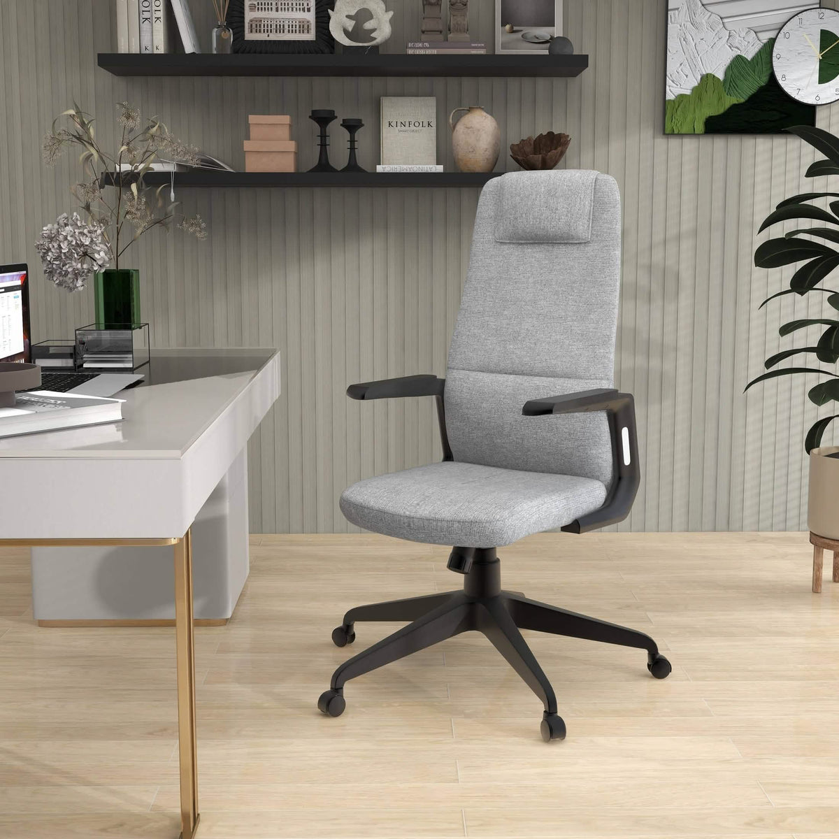 Nexa High-Back Conference Office Chair in Leather/Polyester Adjustable Height Swivel and Tilt Grey Polyester Office Chair Leisuremod