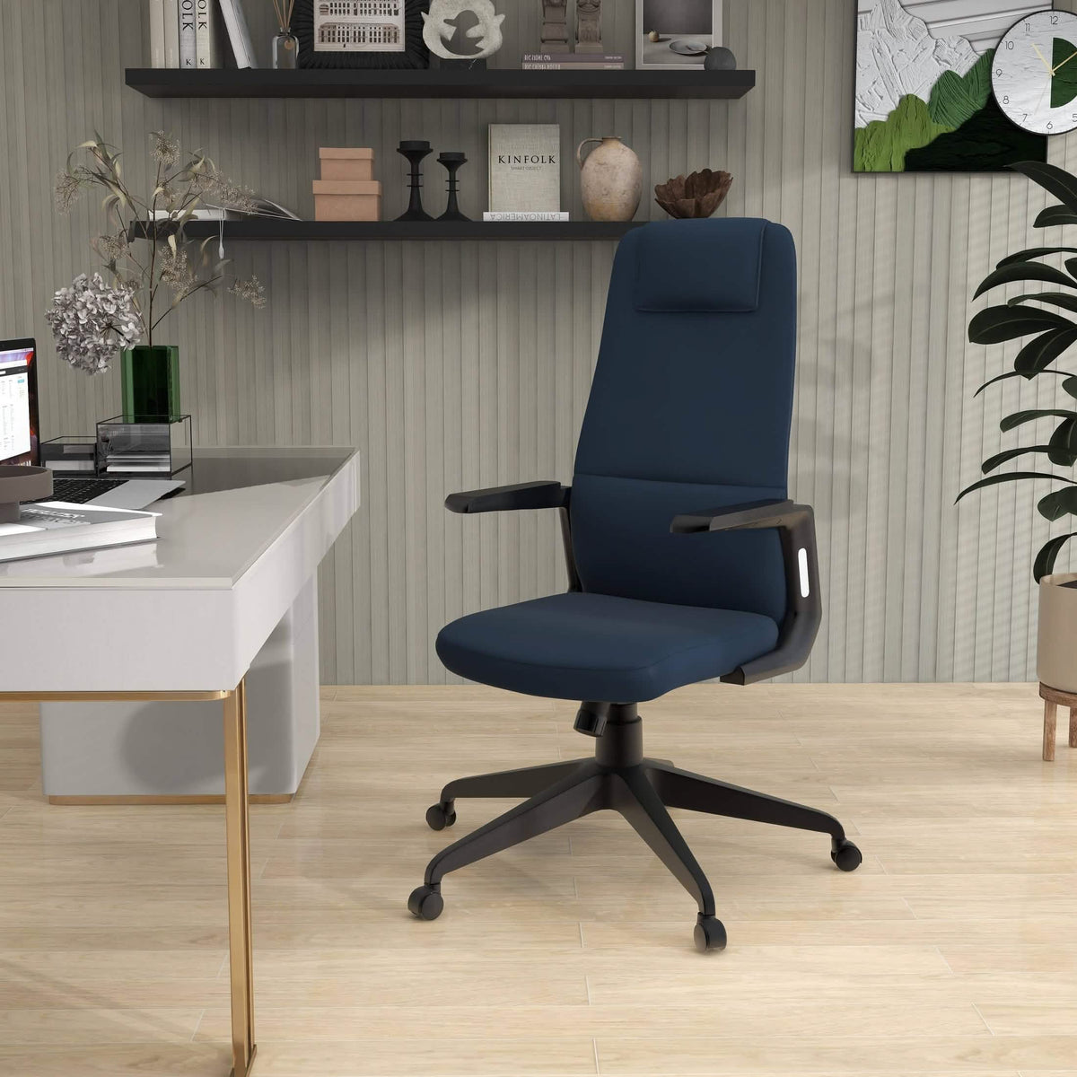 Nexa High-Back Conference Office Chair in Leather/Polyester Adjustable Height Swivel and Tilt Blue Leather Office Chair Leisuremod