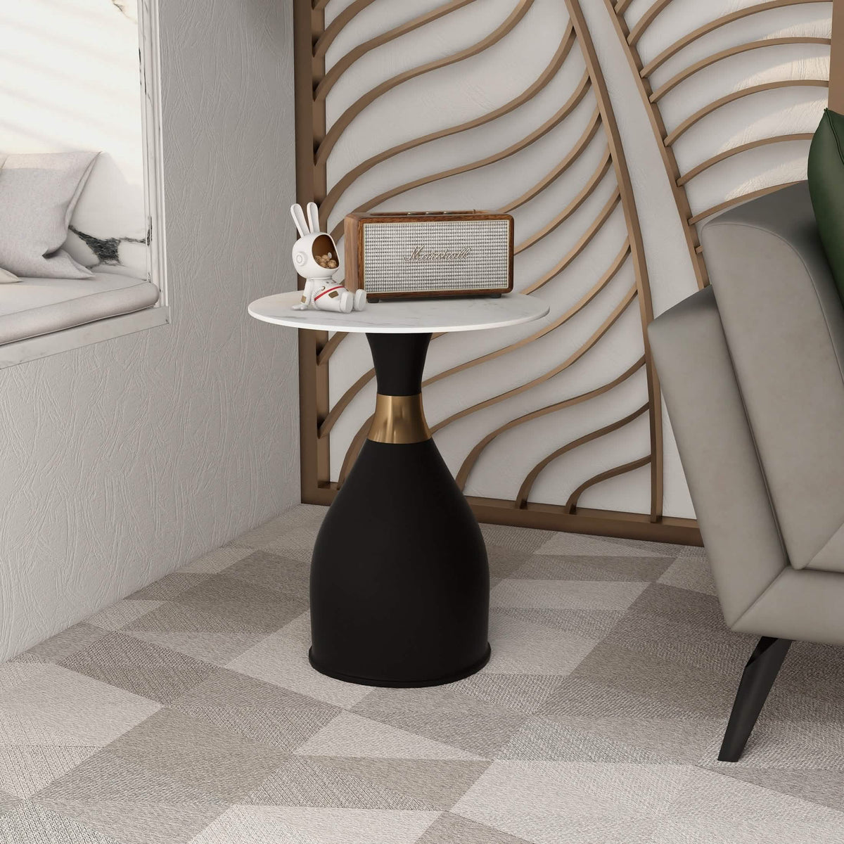 Bento Sintered Stone Top Side Table Round Accent Table Indoor Nightstand with Stainless Steel Black Side Table LeisureMod