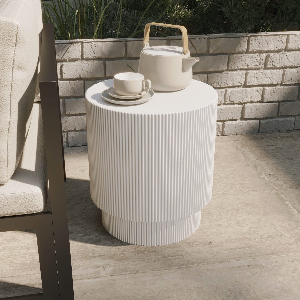 Eden Series Side Table in Fiberstone Round Accent Table for Home, Living Room, Indoor, and Outdoor Light Grey Side Table LeisureMod