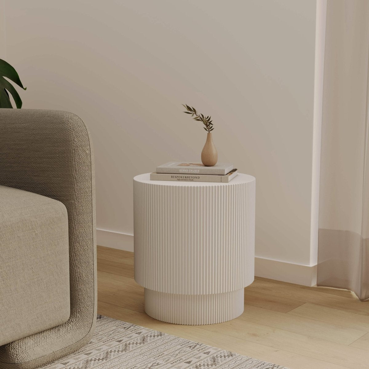 Eden Series Side Table in Fiberstone Round Accent Table for Home, Living Room, Indoor, and Outdoor Light Grey Side Table LeisureMod