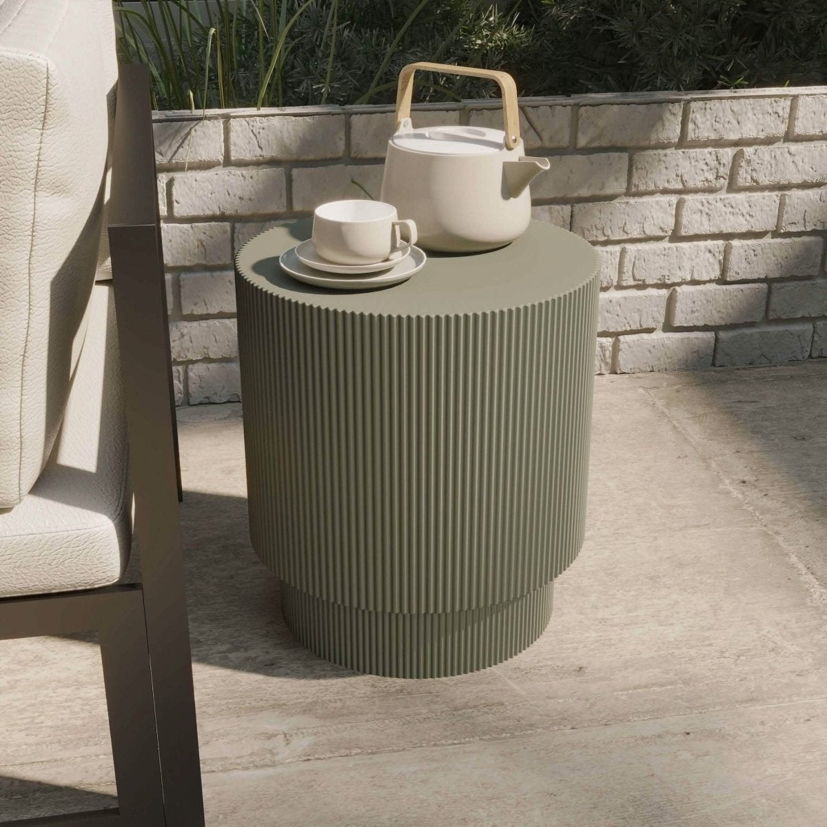 Eden Series Side Table in Fiberstone Round Accent Table for Home, Living Room, Indoor, and Outdoor Olive Green Side Table LeisureMod