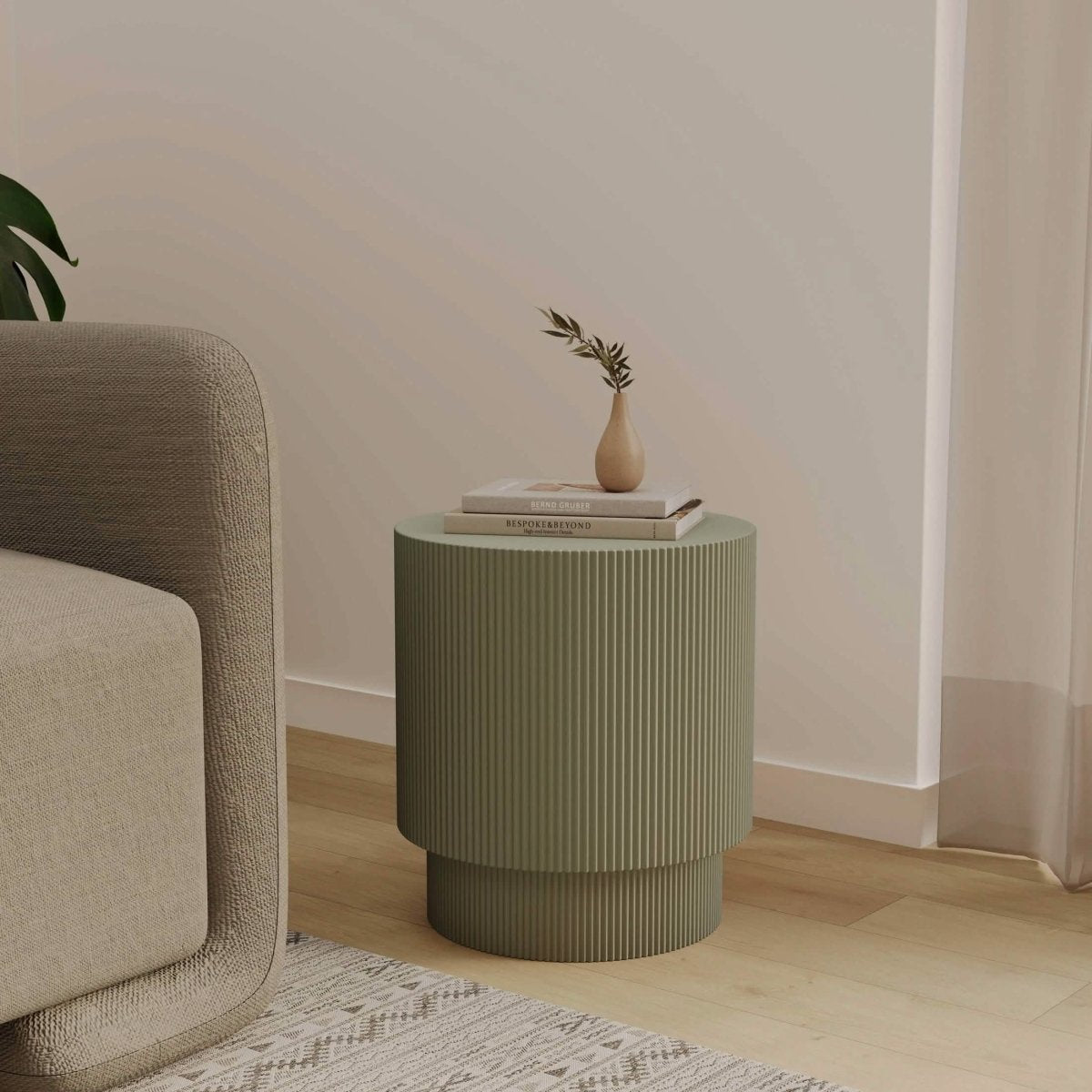 Eden Series Side Table in Fiberstone Round Accent Table for Home, Living Room, Indoor, and Outdoor Olive Green Side Table LeisureMod