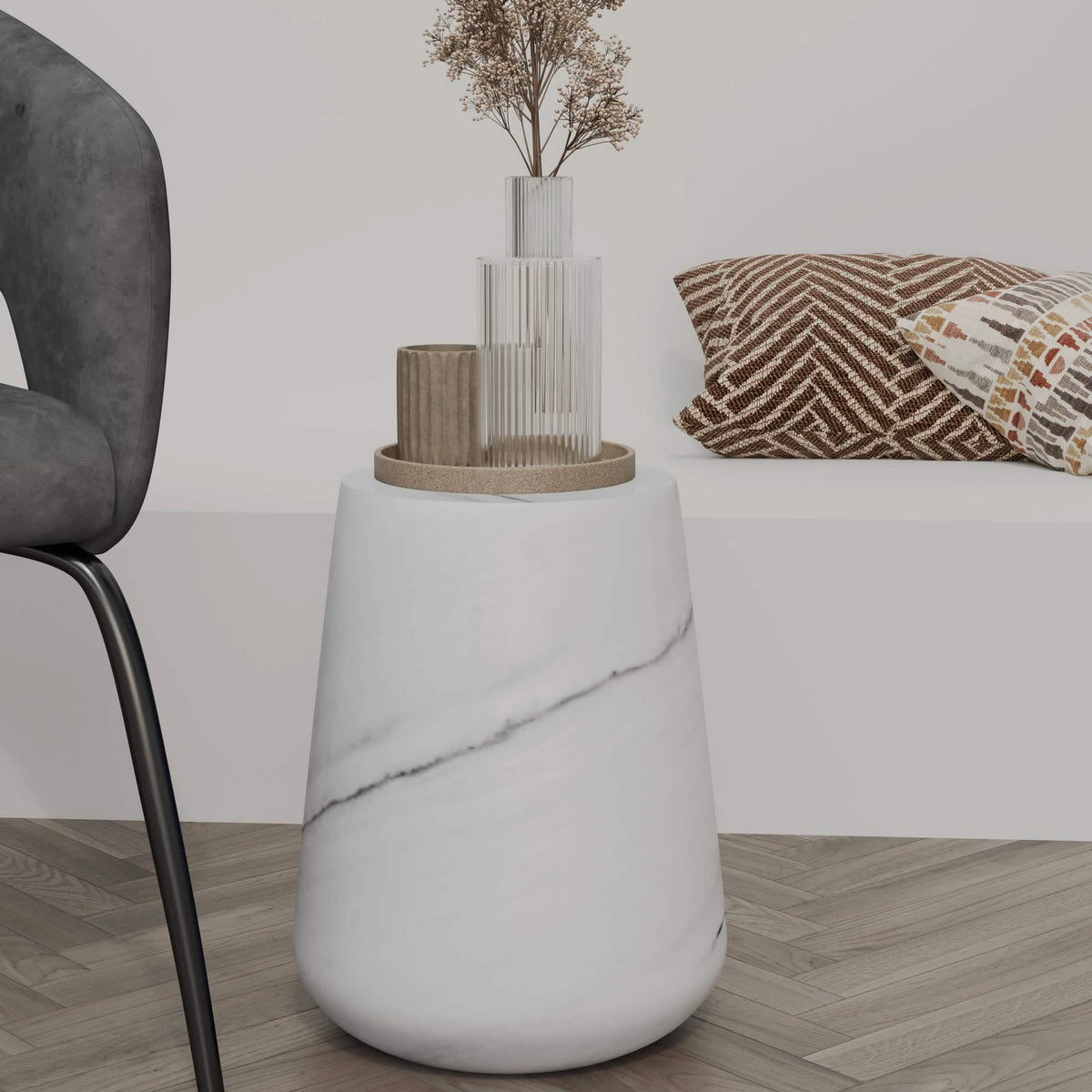 Glint 14" Wide Fiberstone Side Table in Tapered Base Design Marble White Side Table Leisuremod