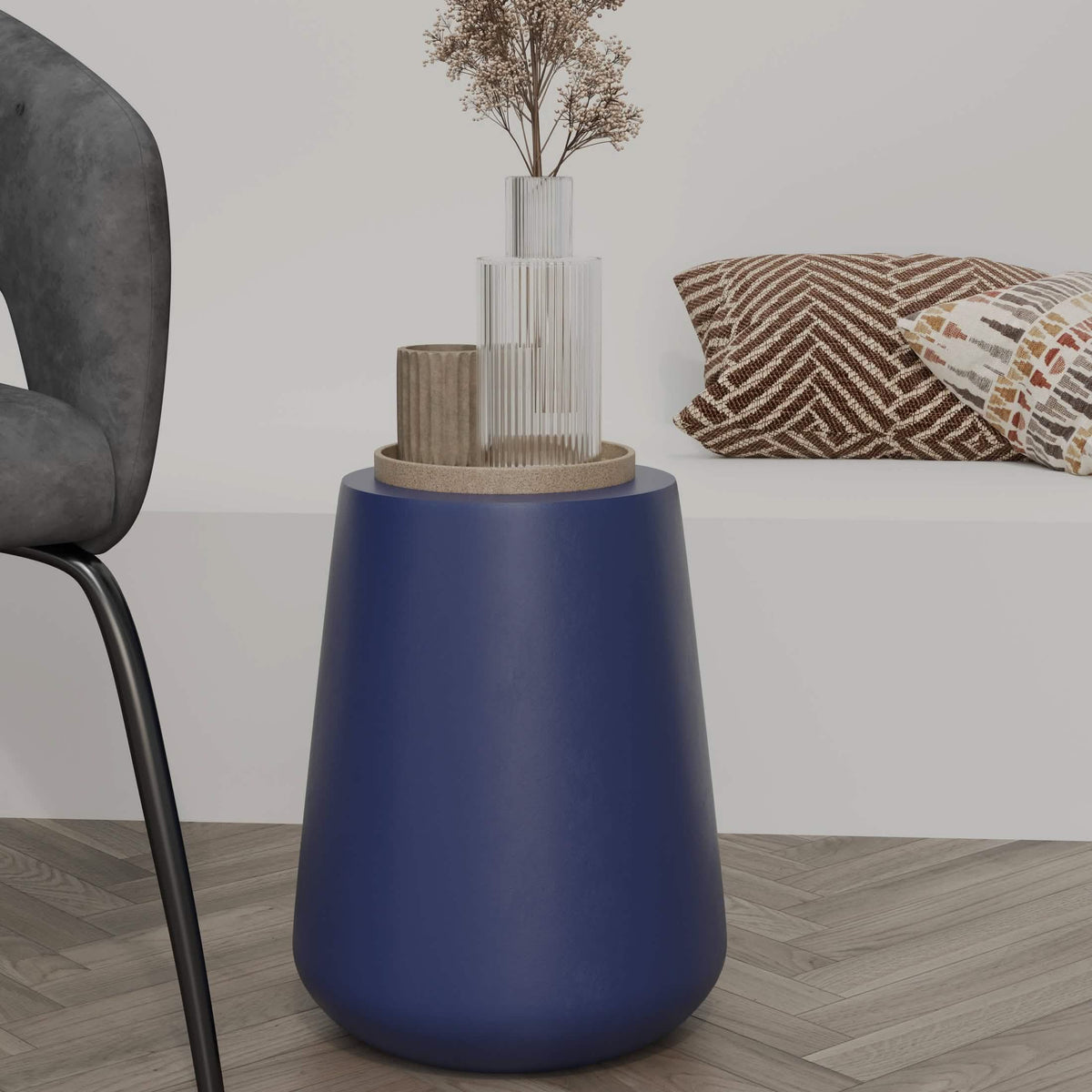 Glint 14" Wide Fiberstone Side Table in Tapered Base Design Saphire Blue Side Table Leisuremod