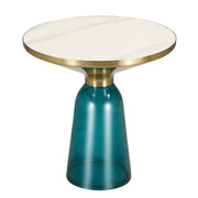 Tully 19-Inch Round Glass/Stone Side Table with Iron Rim Frame and Glass Base Gold Stone Blue White Stone Side Table Leisuremod