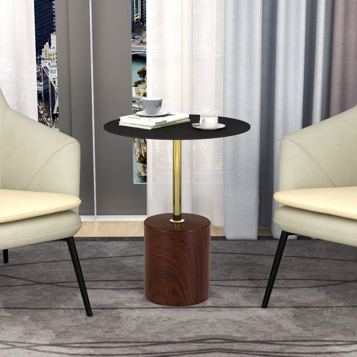 Malta Round Side Table Modern Accent End Table with Stainless Steel Pedestal Base Brown Side Table LeisureMod