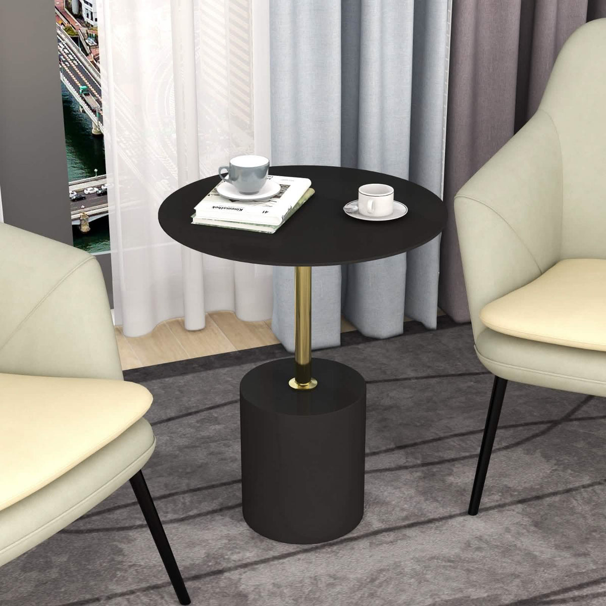 Malta Round Side Table Modern Accent End Table with Stainless Steel Pedestal Base Black Side Table LeisureMod