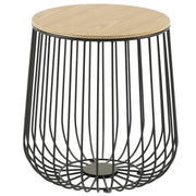 Runswick Round End Table Wood Tabletop With Steel Drum Base for Storage Natural Wood Side Table Leisuremod