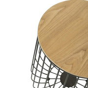 Runswick Round End Table Wood Tabletop With Steel Drum Base for Storage Natural Wood Side Table Leisuremod