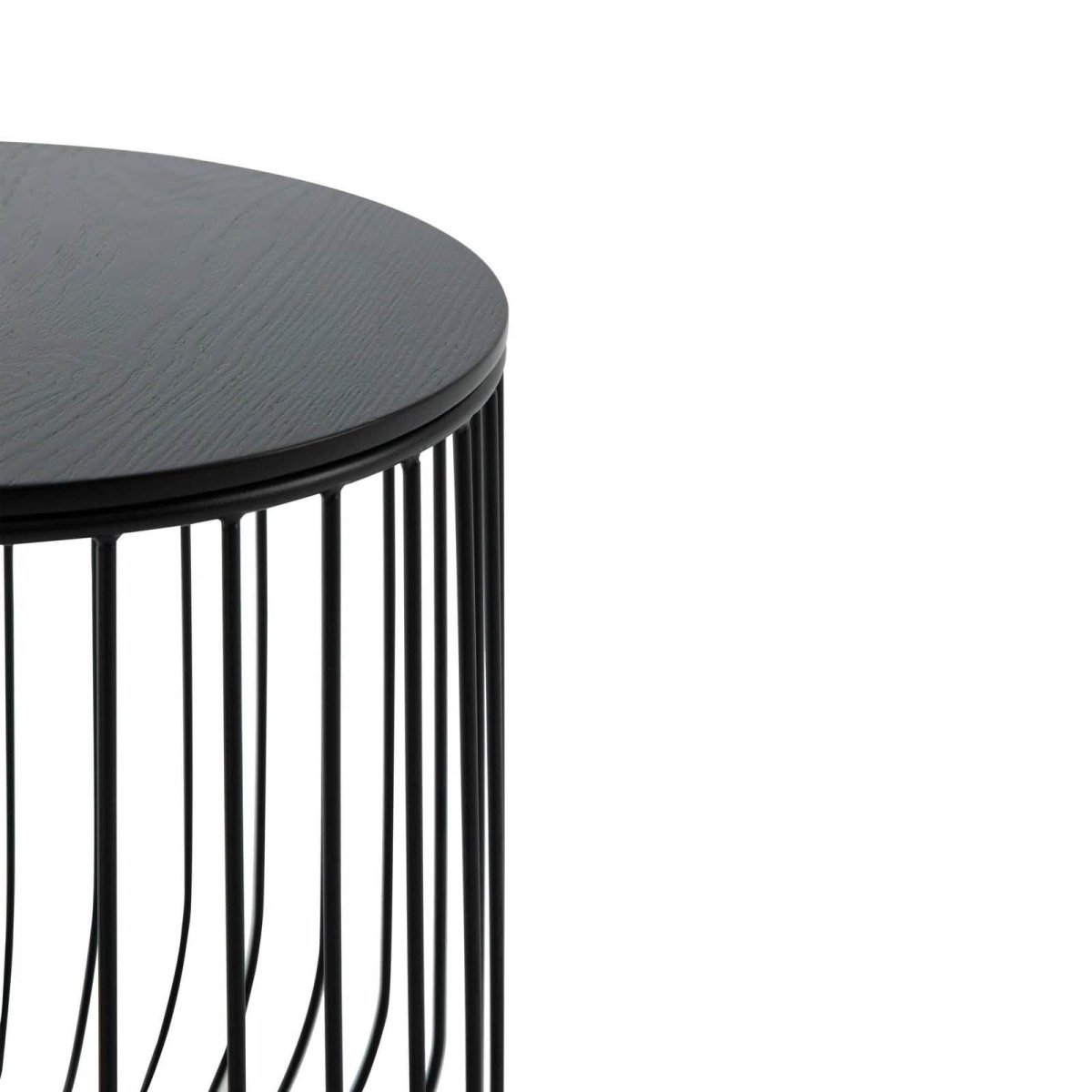 Runswick Round End Table Wood Tabletop With Steel Drum Base for Storage Black Side Table Leisuremod