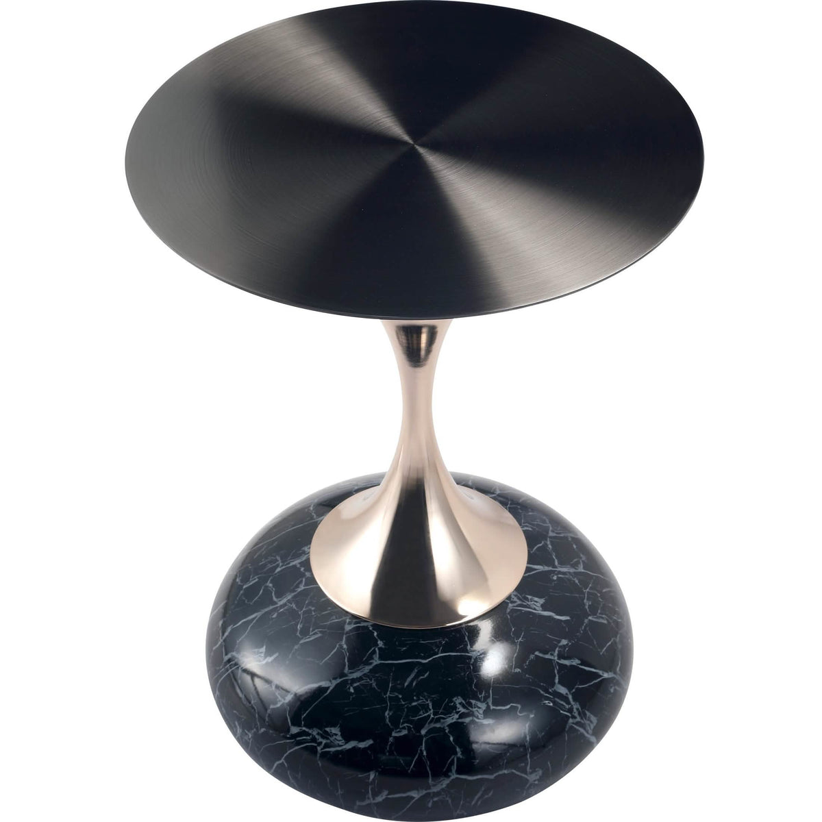 Savoy Wide Side Table with Stainless Steel Top Round Accent Table and Elegant Pedestal Base Black Stone Black Side Table LeisureMod