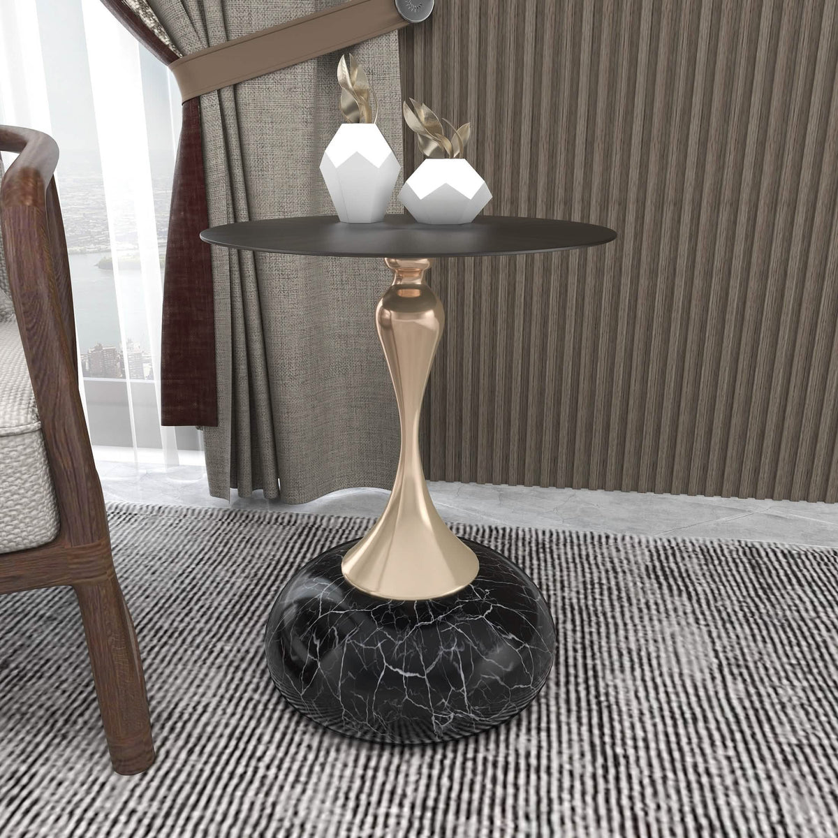 Savoy Wide Side Table with Stainless Steel Top Round Accent Table and Elegant Pedestal Base Black Matte Black Side Table LeisureMod