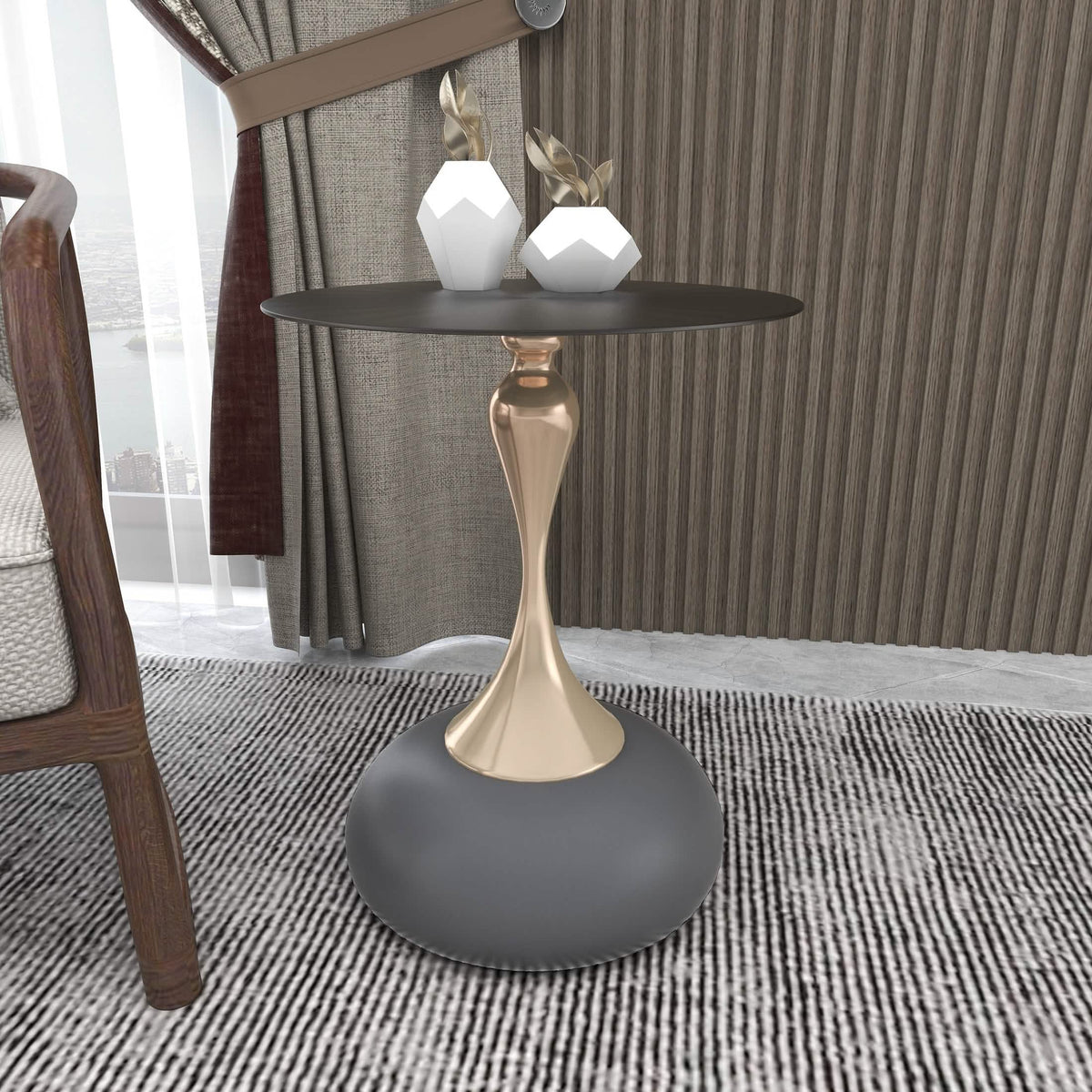 Savoy Wide Side Table with Stainless Steel Top Round Accent Table and Elegant Pedestal Base Black Grey Side Table LeisureMod
