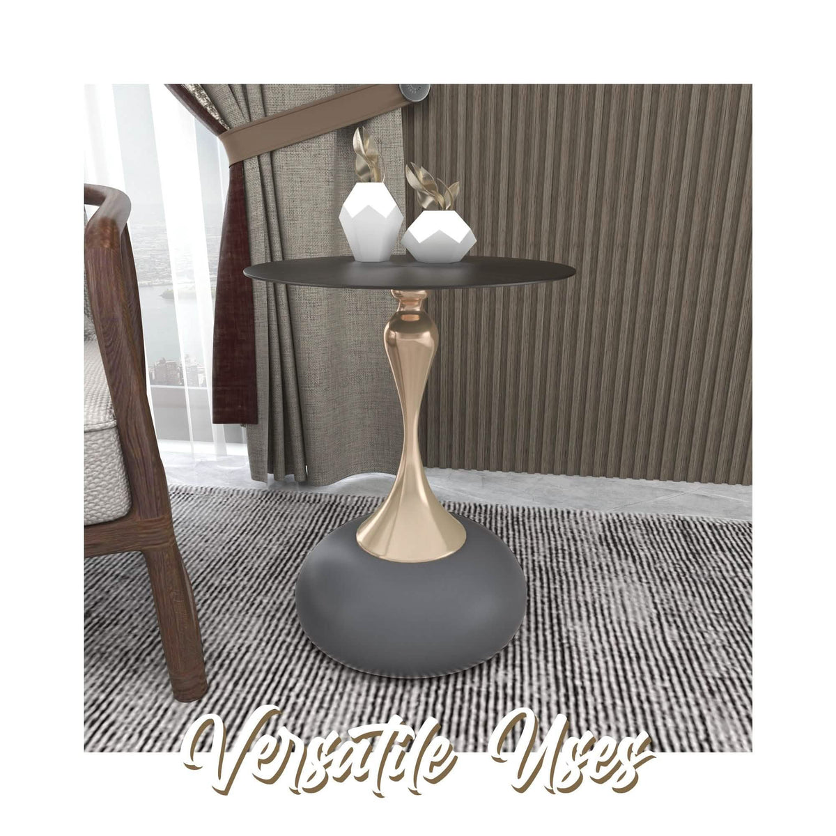 Savoy Wide Side Table with Stainless Steel Top Round Accent Table and Elegant Pedestal Base Black Grey Side Table LeisureMod