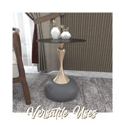 Savoy Wide Side Table with Stainless Steel Top Round Accent Table and Elegant Pedestal Base Black Grey Side Table LeisureMod