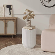 Trove 14" Wide Round Side Fiberstone Table With Ribbed Design White Side Table Leisuremod