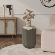 Trove 14" Wide Round Side Fiberstone Table With Ribbed Design Green Grey Side Table Leisuremod