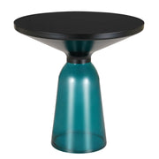 Tully 19-Inch Round Glass/Stone Side Table with Iron Rim Frame and Glass Base Black Glass Blue Black Side Table Leisuremod