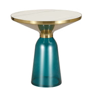 Tully 19-Inch Round Glass/Stone Side Table with Iron Rim Frame and Glass Base Gold Stone Blue White Stone Side Table Leisuremod