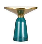 Tully 19-Inch Round Glass/Stone Side Table with Iron Rim Frame and Glass Base Gold Stone Blue White Stone Side Table Leisuremod
