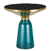 Tully 19-Inch Round Glass/Stone Side Table with Iron Rim Frame and Glass Base Gold Glass Blue Black Side Table Leisuremod