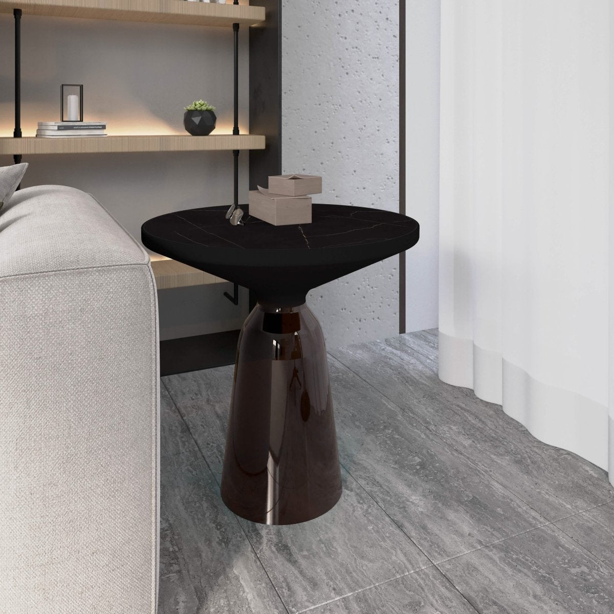 Tully 19-Inch Round Glass/Stone Side Table with Iron Rim Frame and Glass Base Black Stone Grey Black Stone Side Table Leisuremod