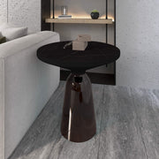 Tully 19-Inch Round Glass/Stone Side Table with Iron Rim Frame and Glass Base Black Stone Grey Black Stone Side Table Leisuremod