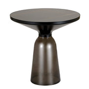 Tully 19-Inch Round Glass/Stone Side Table with Iron Rim Frame and Glass Base Black Glass Grey Black Side Table Leisuremod
