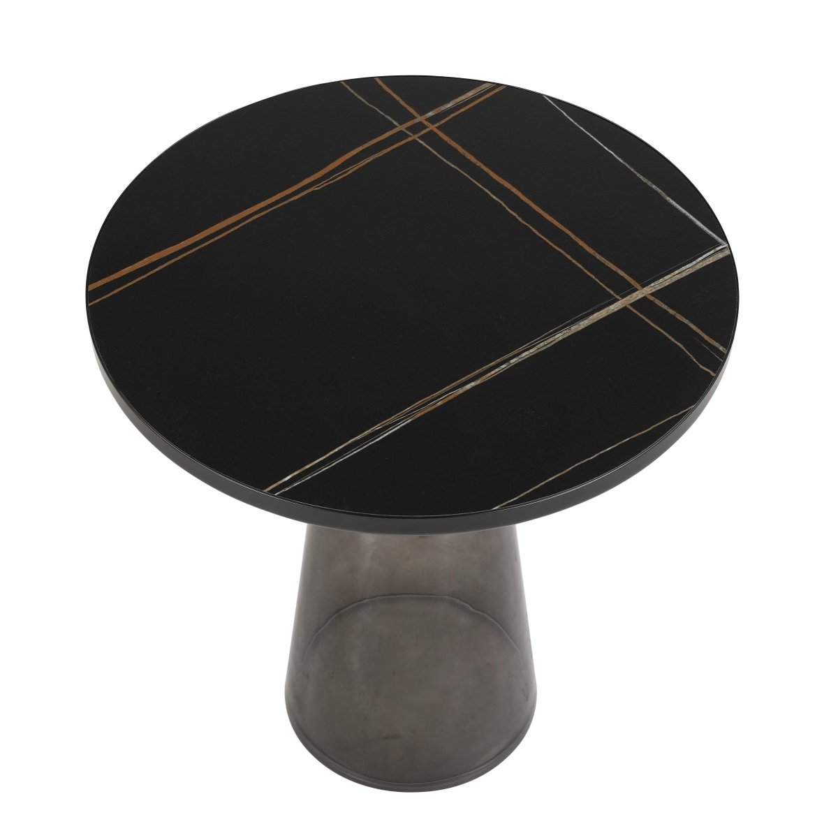 Tully 19-Inch Round Glass/Stone Side Table with Iron Rim Frame and Glass Base Black Stone Grey Black Stone Side Table Leisuremod
